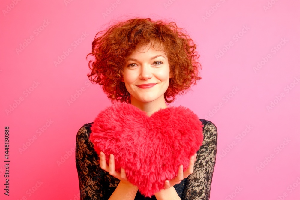 Isolated white young woman on pink background with fluffy heart in hands. Cute Valentine's Day greeting. Professional studio image, copyspace.