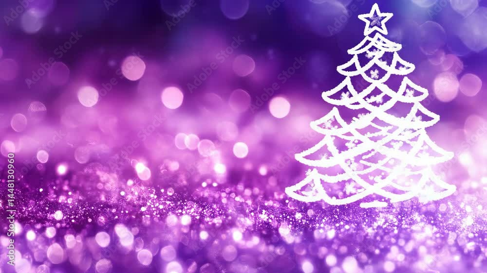 Sparkling Christmas Tree on a Glittering Purple Background with Bokeh Lights, Festive Abstract Design for the Holiday Season with a Drawn White Tree