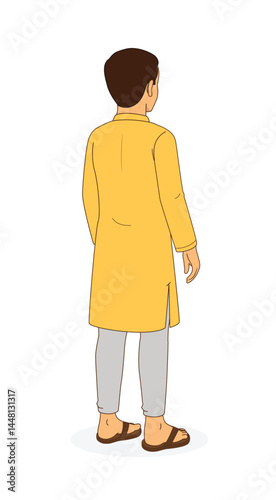 Three Quarter Back View of Indian Man in Yellow Kurta.  ⅓ Back View of Indian Man Character. Indian Man Cartoon Character. Indian Man Vector Character. 
