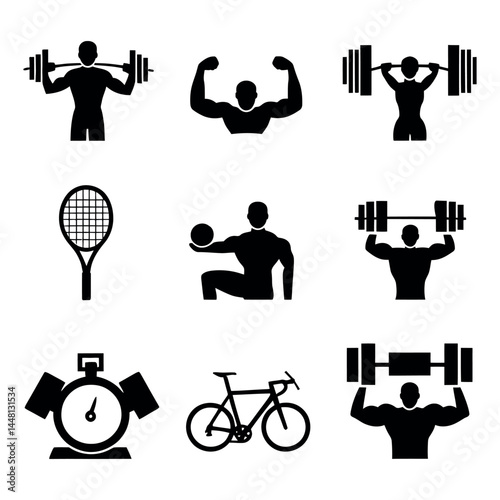 Black Sports and Fitness Icons Collection Vector Illustration