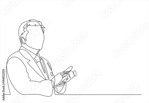 Continuous line art or One Line Drawing of a businessman dressing suit Standing ovation. Editable stroke.