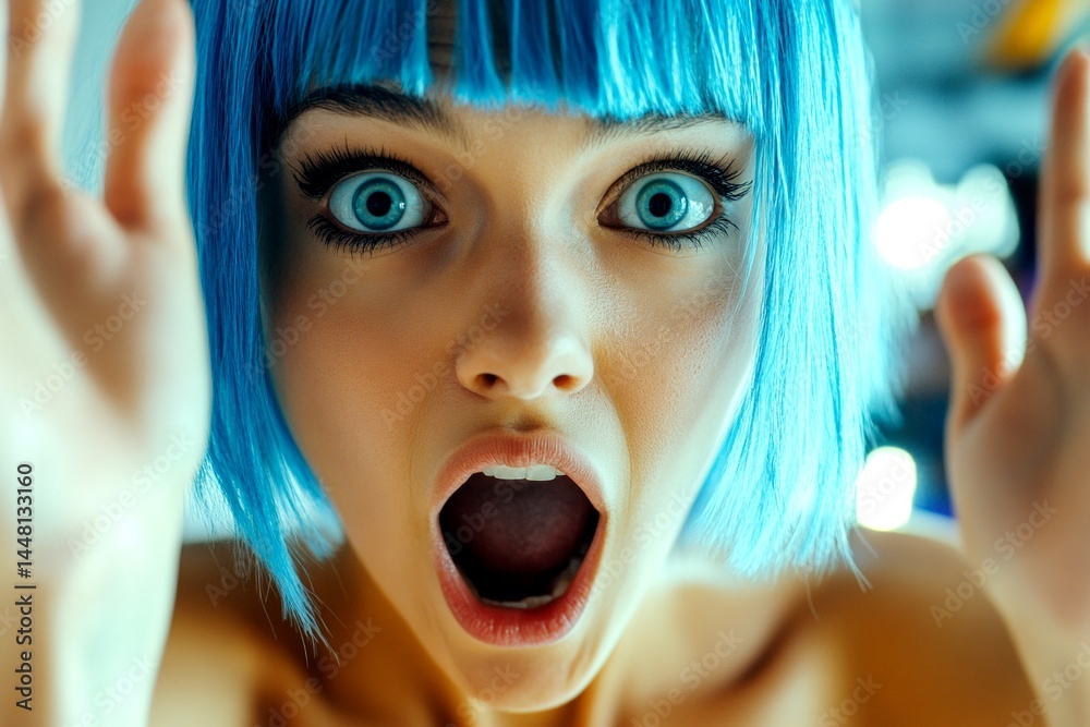 Commercial commercial drawing art. Short haircut - blue hair. Lovely very startled mixed-race girl - for ads, ad page and digital use. Artistic short haircuts. Fashion campaign trends.