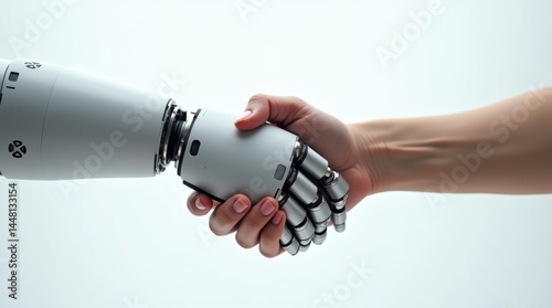 High-resolution stock photo of a harmonious moment where a human hand, trimmed fingernails, and a few wrinkles on the fingers, extends towards a robotic hand with metallic finish