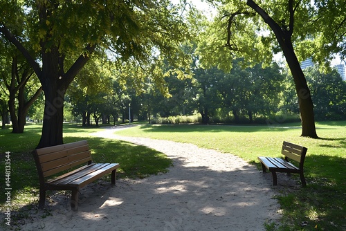 Two wooden benches face each other along the path in the peaceful park