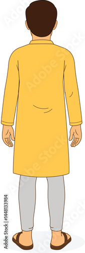 Back View of Indian Man in Traditional Yellow Kurta – Character Illustration.  Back View of Indian Man Character. Indian Man Cartoon Character. Indian Man Vector Character. 