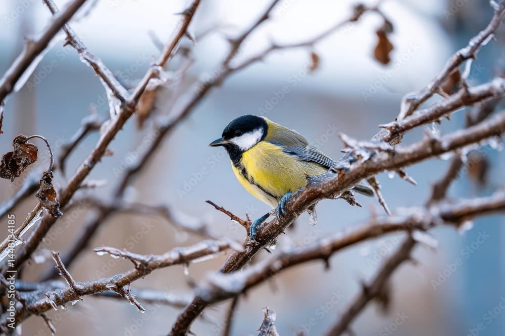 Colorful bird perched on an icy branch in winter, showcasing vibrant plumage against a cold backdrop. Colorful bird perched on an icy branch in winter, showcasing vibrant plumage against a cold backdrop.