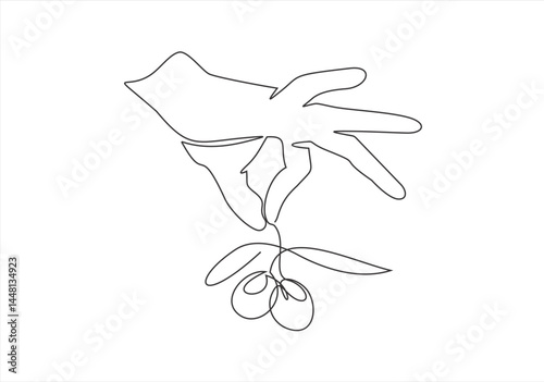 Hand holding olive branch icon, sign, emblem, logo for olive oil, farm products, agricultural, rural store. Editable stroke.