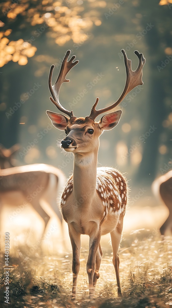 Fototapeta premium Fallow Deer Buck Portrait with Antlers in Golden Light on a Forest Background