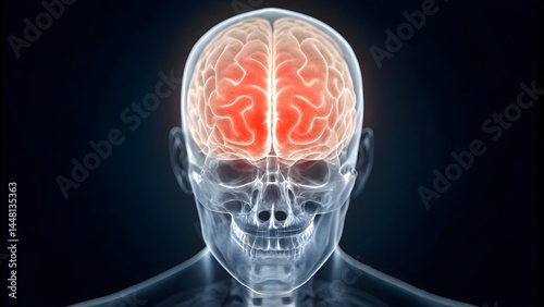 X-ray front view of human skull with glowing brain illustration. Neurology and brain function study concept for design and print photo