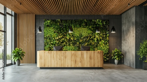 Modern reception area with living plant wall and natural wood accents