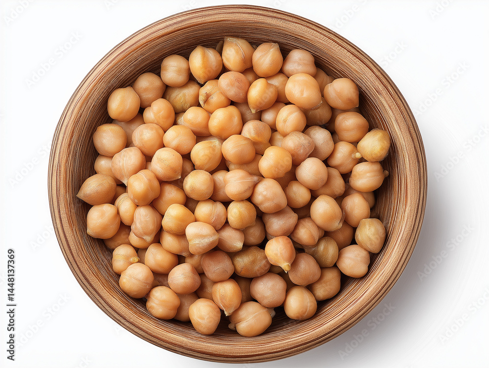 Dry chickpeas in a wooden bowl, isolated on a white background, top view with clipping path. Dry chickpeas in a wooden bowl, isolated on a white background, top view with clipping path.