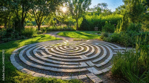 Outdoor healing garden with labyrinth walking path