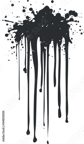Black paint splash with long drips and splatters on white background creating abstract art