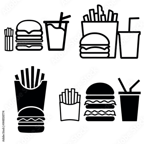 Black Food Icon Set with Soda Fries and Burger Vector Illustration
