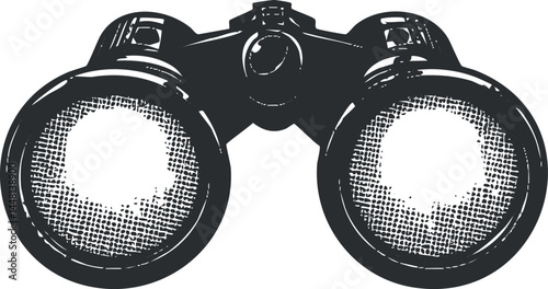 Black and white vintage binoculars illustration showing optical equipment for viewing distant objects