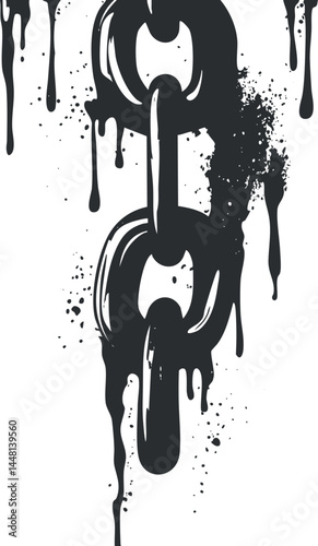 Black metallic chain links dripping with paint in a grunge industrial style on white background