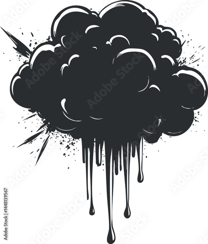 Dark dripping cloud illustration with splashes and wet rain drops in black and white style