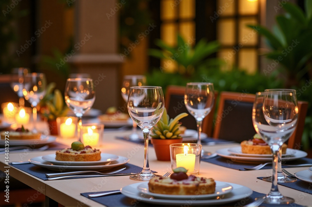 Long table set up for a formal dinner in a restaurant. Long table set up for a formal dinner in a restaurant.