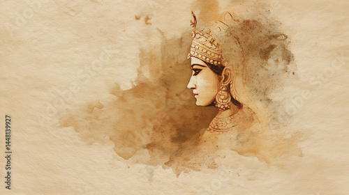 goddess Dhumavati, decorated kalash pot with mango leaves and coconut, pastel gold to cream gradient photo