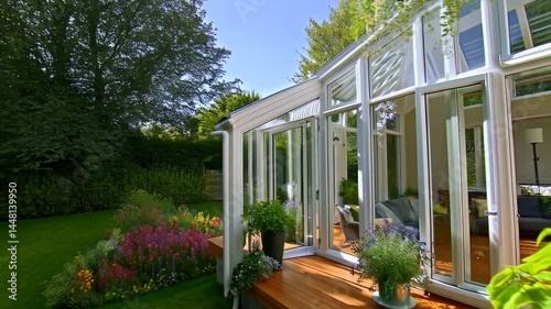 Beautiful conservatory extension with lush garden and sunlight on a bright day