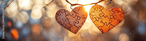 Two puzzle hearts hanging from a branch, sunset background.