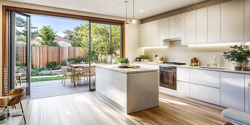 Open-plan kitchen with white cabinets  island  and outdoor wooden deck.