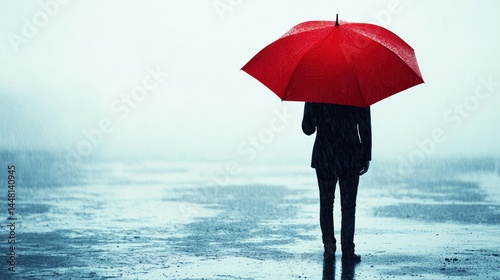 A person standing in the rain with a red umbrella, holding a red umbrella, wearing a black coat, and walking on a wet, rainy road.