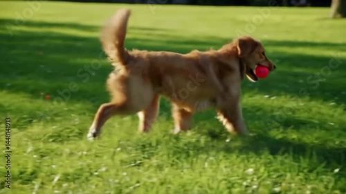 A playful golden retriever puppy playing with a red ball in a sunny grassy field