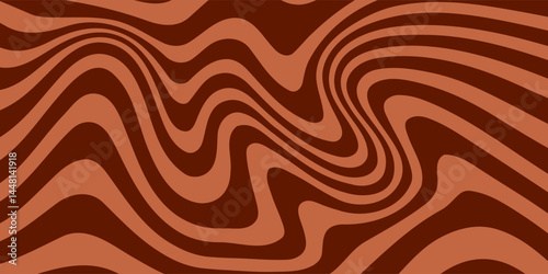 Retro coffee color background. Milk chocolate liquid dessert texture. Wavy swirl candy pattern for poster, cover, banner, pamphlet. Vintage brown trippy hippie wallpaper in 60s or 70s style. Vector