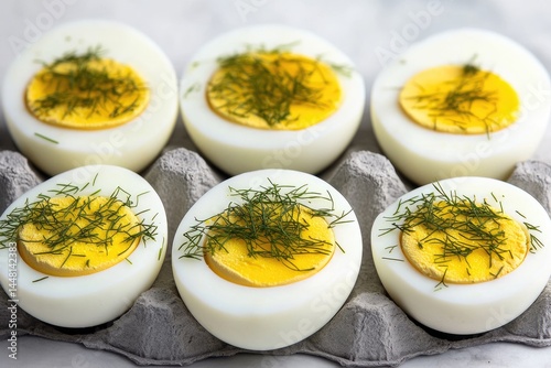 Halved hard-boiled eggs, garnished with fresh dill, arranged in a carton photo