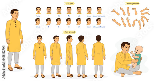 Indian Man Character Model Sheet. Indian Man Character Constitution Set, Character Set, Animation Character, 2d animated character. 
Male Character Turnaround Sheet with Lip Sync and Hand Gesture Pose