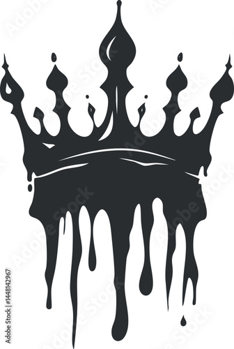 Black silhouette of a dripping melting crown symbolizing royalty and power with a grunge artistic style