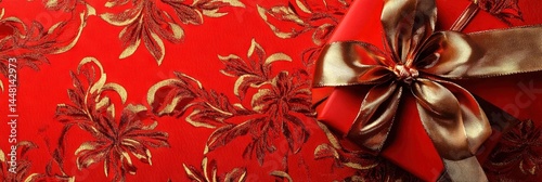 photo of gift-wrapped present on christmas background gold-trimmed ribbon wrapping red box