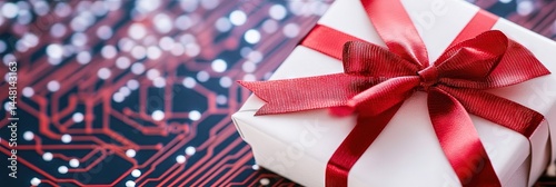 photo of gift-wrapped present on circuitry background red ribbon wrapping white box 