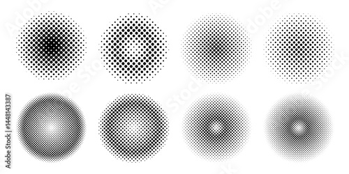 Set of abstract halftone gradient circles with dot textures in black and white ideal for backgrounds posters web design print templates retro effects branding and modern graphic compositions.Vector