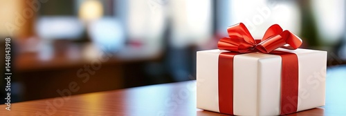 photo of gift-wrapped present on office background red ribbon wrapping white box 