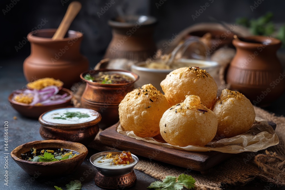 Raj Kachori accompanied by yogurt and tamarind sauce Blurred focus and atmospheric backdrop Raj Kachori accompanied by yogurt and tamarind sauce Blurred focus and atmospheric backdrop