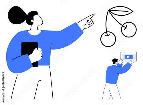 Woman gestures towards cherries while holding a tablet, man holds a video screen. Ideal for education, creativity, communication, teamwork, technology, health, simple landing page