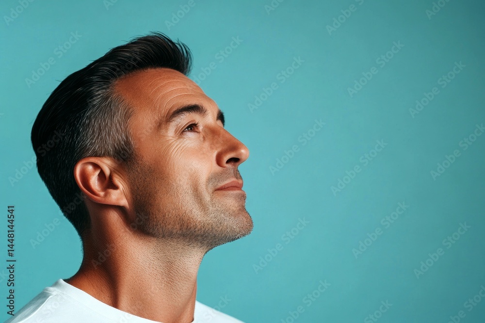 Concept creative layout of style for aging men. A studio glamour portrait of a confident man. Elegant men's low fade haircut - midlife white man with black hair. Blue solid background.