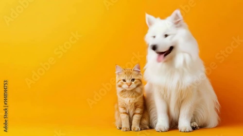 Fluffy White Dog and Orange Cat Sitting Together on Yellow Background