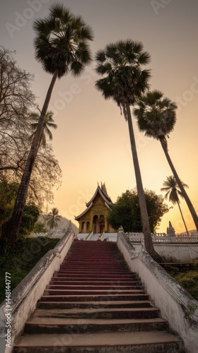 Luang Prabang temple stairs at sunset with red light on stone  palm silhouettes and golden sky