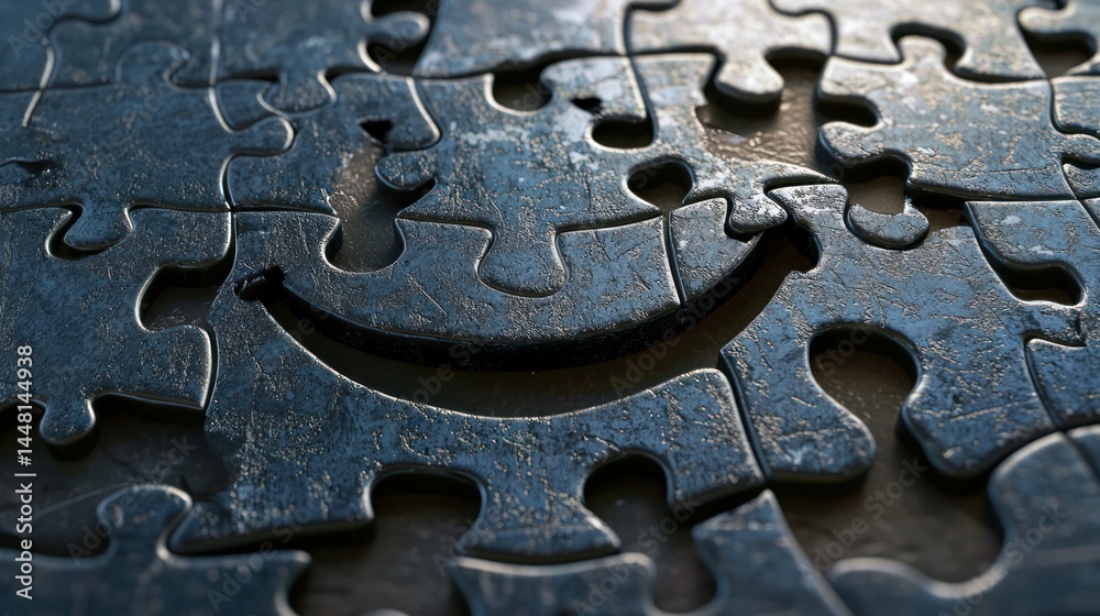 3D render of puzzle pieces forming a smiling face for mental wellness 3D render of puzzle pieces forming a smiling face for mental wellness