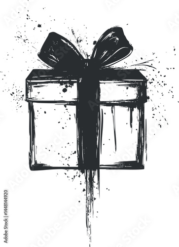 Abstract black and white grunge style illustration of a gift box with ribbon and bow for celebration