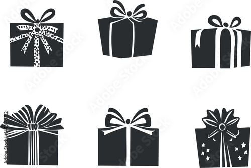 Black and white silhouette icons of six gift boxes with ribbons and bows for celebrations and holidays