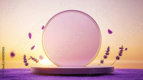 Podium lavender skincare. A glass circle on a purple platform, surrounded by lavender flowers and petals, against a soft, golden sunset background.