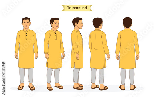 Indian Male Cartoon 2d Character Turnaround sheet. Indian 2d Character Turnaround Sheet. Indian Man Character Turnaround Sheet in Yellow Kurta – Front, Side, ⅓ front, ⅓ back and Back Views. Indian Man