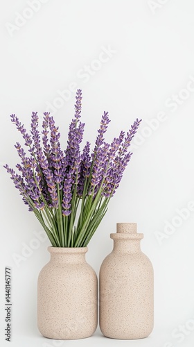 Podium lavender skincare. Minimalist arrangement of lavender flowers in two beige ceramic vases against a white background.
