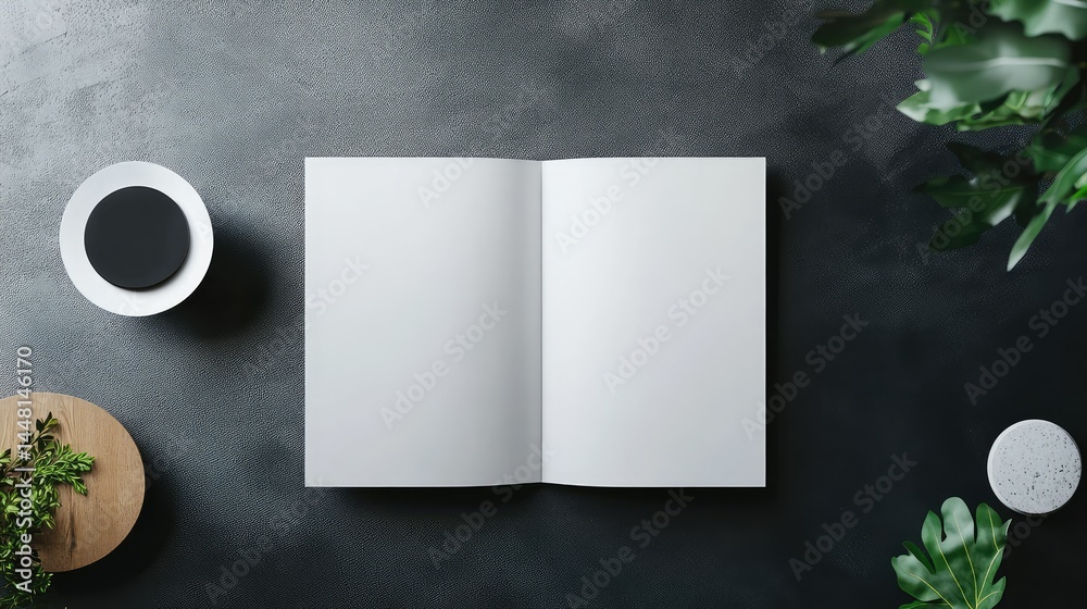 Blank magazine and trifold brochure mockup scene, top view with elegant lighting Blank magazine and trifold brochure mockup scene, top view with elegant lighting