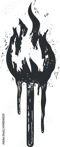 Black and white illustration of a burning torch with stylized flames and dripping texture