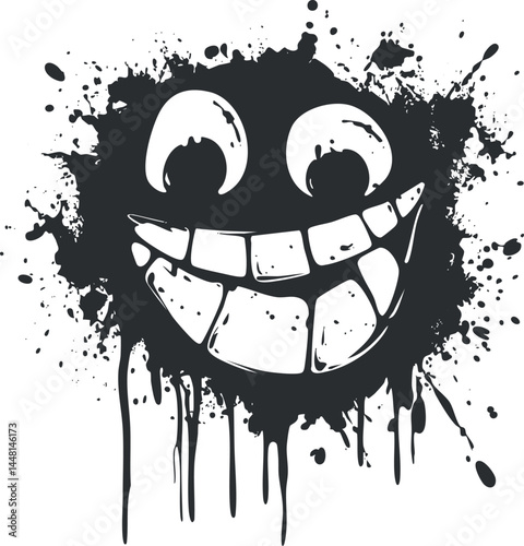 Black ink splatter with a cartoonish smiling face showing teeth and eyes on white background